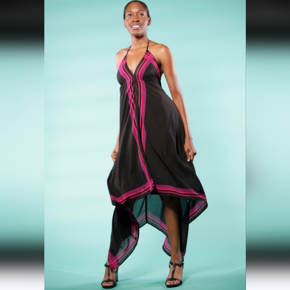 Old Navy Black Halter Handkerchief Dress with Magenta Trim Size L